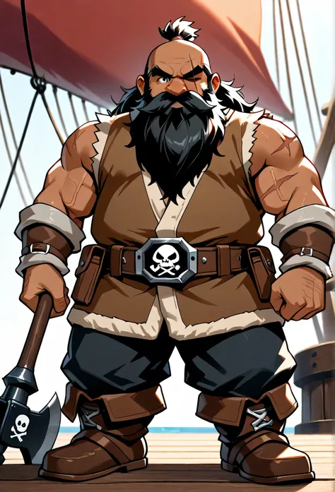 (masterpiece, best quality, 2k), solo, 1guy, (dwarf, short stature), wild black hair, black beard, tanned skin, well toned body, grey fur vest, deep scar over left eye, sealskin pants, string belt, wielding a battle axe, standing n the deck of a pirate shi...