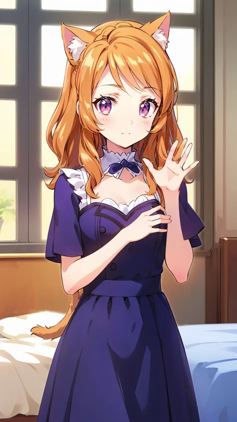 A beautiful anime girl with orange hair, white cat ears headband, pink eyes sparkling like gems, white cat tail, waving hand, on a bed in a room, (best quality,4k,8k,highres,masterpiece:1.2),ultra-detailed,(realistic,photorealistic,photo-realistic:1.37),HD...