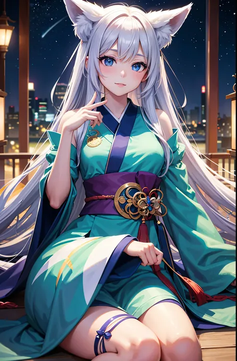 The Fox Goddess,  beautiful girl, silk, cloud,  foxtail,  miko outfit , forest, Pool, (bokeh), fantasyood,  Sitting Moon, (超high resolution), 8k, high resolution, ( masterpiece) Notice：The content is marked with bracketed tag emphasis。The following is the ...
