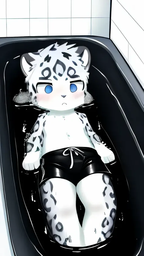 A male snow leopard cub lies in black slime，Wearing white swim trunks ，Lying in the bathtub，filled with black mucus，Covered with mucus，Slime，snow leopard，， thighs covered with mucus ，沉溺于，Trapped ， only showing her head 