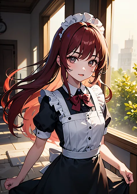 score_8_arriba, BREAK, 1 girl, Alone , Tayuya, red hair,  long hair, brown eyes, Tayuya in a maid dress, 