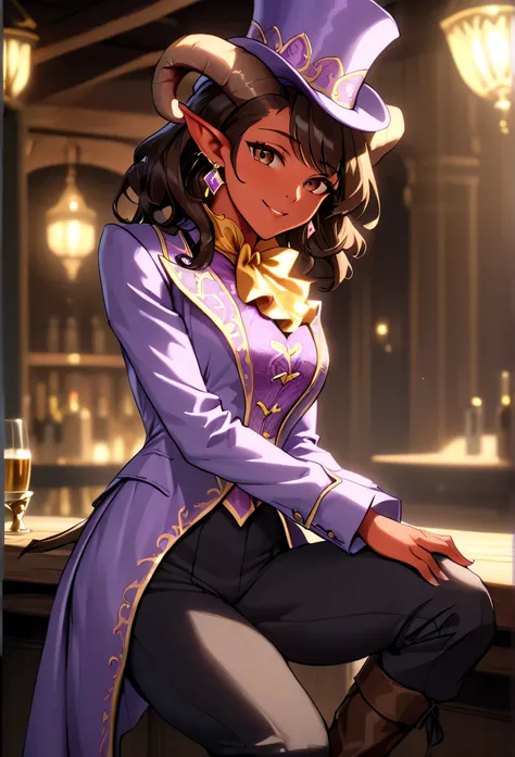 (masterpiece, best quality, 2k), solo, (female tiefling, pointed ears, horns, tail), small satyr horns, dark red skin, beautiful body, sleek legs, brown hair , (((oversized  light purple silk top hat, snug fit))), (( (light purple baroque stylefrock coat, ...