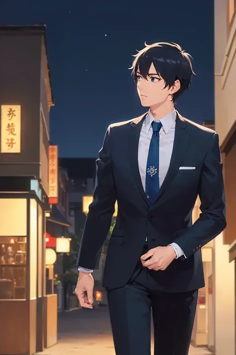 (at night:1.5), side angle, sirious, (looking away:1.5), walking, masterpiece, best quality, Japanese manga style, upper body, (25 year old male: 1.5) and (short black hair) and (blue eyes), (suit:1.5) and (blue tie), in shopping street, alone,