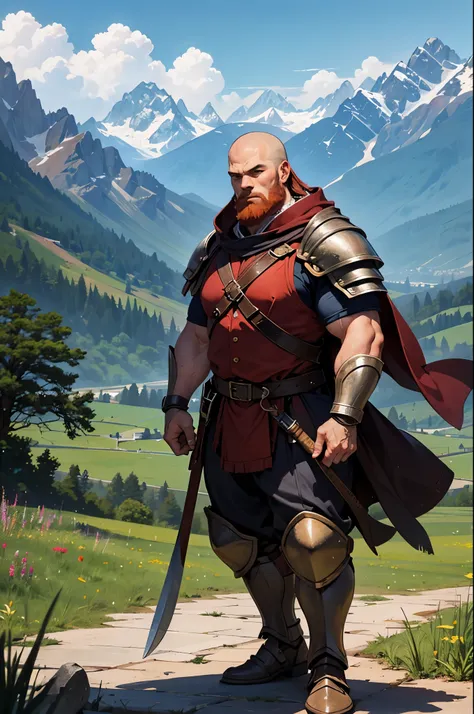 1man, dwarf, shaved head, red beard, muscles, small ax, armor, mountains in background, ultra high quality, masterpiece, 8k