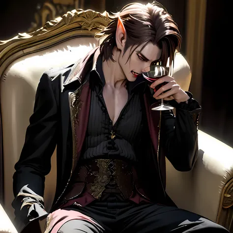 Waist length brown hair, male vampire, man sitting in chair drinking from wine glass, pointy ears, rendered, detailed