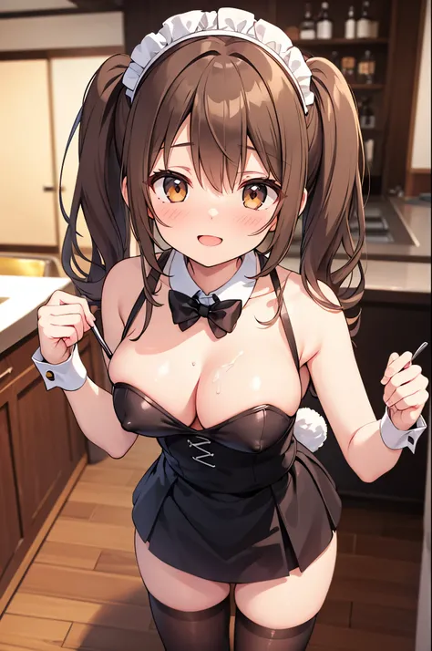    Solo Girl  , solo boy  ,,  Twin Tails ,  light brown hair ,  brown eyes,   within the range of Rise of the Center ,  top quality,  high definition ,  very detailed,  Detailed Background ,   Perfect Lighting  、Inside the maid cafe、 standing with differen...