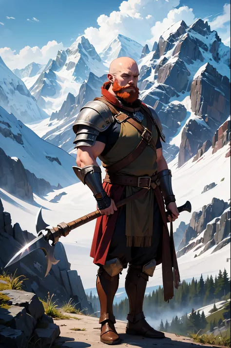 1man, dwarf, shaved head, bald, red beard, muscles, small ax, armor, mountains in background, ultra high quality, masterpiece, 8k