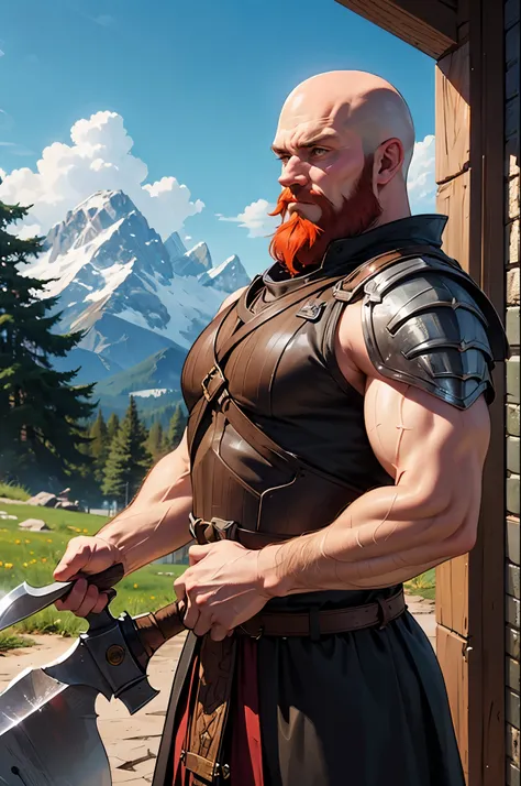 1man, dwarf, shaved head, bald, red beard, muscles, small ax, armor, mountains in background, ultra high quality, masterpiece, 8k