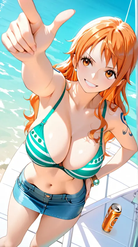 One Piece, Nami, green bra, swimsuit bra, white stripes on bra, blue denim skirt, mini skirt, beautiful legs, big chest, slim figure, looking up angle, can see underwear, perfect figure, one hand on hips, one hand pointing forward, smiling, masterpiece, hi...