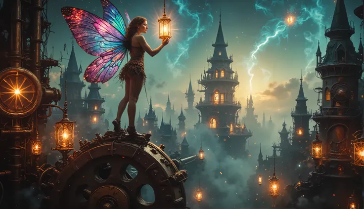 A vibrant fairy with shimmering translucent wings stands on the edge of a massive bronze gear, holding a flickering lantern infused with magical energy. Around her, countless mechanical components intertwine, creating an elaborate steampunk dreamscape. Glo...