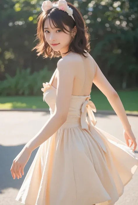 A young Japanese woman, dressed in an adorable, stylish outfit, gracefully turns to face the viewer while performing a charming dance. Her soft, flowing skirt sways with each delicate movement, and her curly hair bounces lightly as she twirls. With a radia...