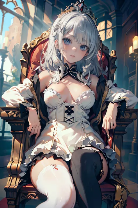 (Highest Image,  Masterpiece), (( ultra high definition illustration )), (European Cute Princess:1.3), hentai anime cell shading nsfw girl, Alone, (Stock market overview) ,(temptation sight), Gorgeous Gothic Lolita Dress,  tiara,  sitting on a throne chair...