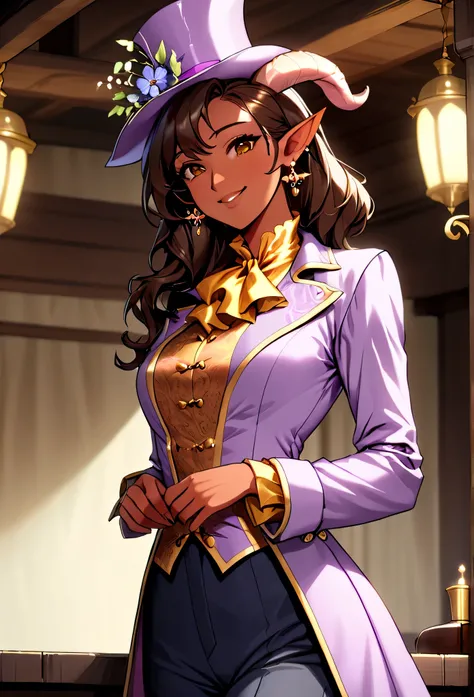 (masterpiece, best quality, 2k), solo, (female tiefling, pointed ears, horns, tail), small satyr horns, dark red skin, beautiful body, sleek legs, brown hair , (((oversized  light purple silk top hat, snug fit))), (( (light purple baroque stylefrock coat, ...