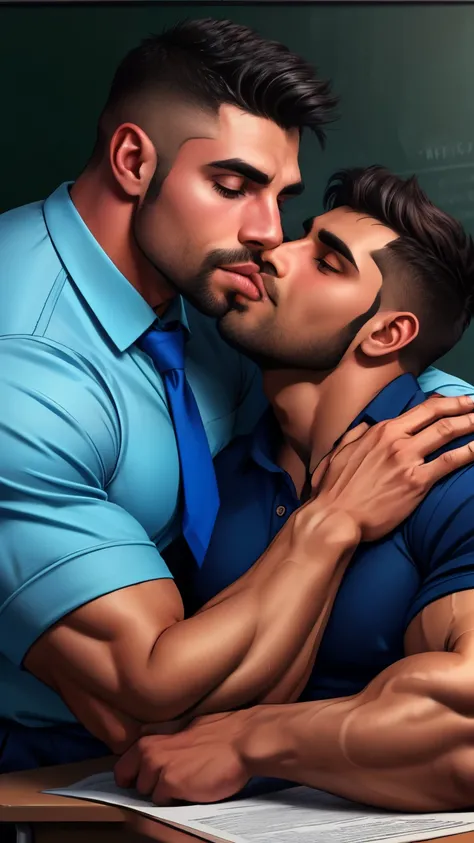 Close up focus on gay couple lip to lip kissing indian gay couple kissing in school, 30 years old beared man teacher kissing with 1 school uniform boy , realistic, hd, hdr, D750F nikon camera photography, hot kissing , perfect lip kissing,