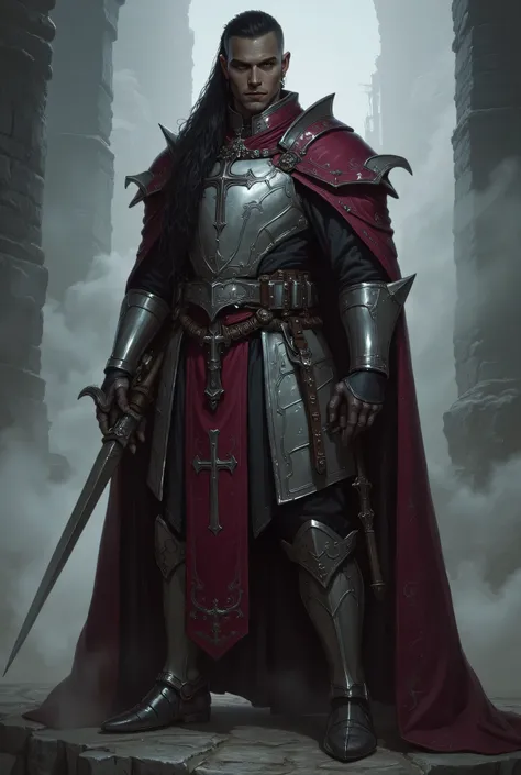 


*"Um guerreiro Blood Hunter de Dungeons & Dragons, wearing detailed silver armor, with a high iron collar and a burgundy clerical stole resting on his shoulders. ((His right hand is transformed into a skeletal hand)), a sign of his connection with dark ...