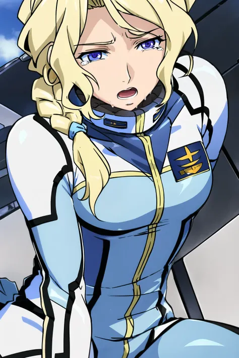 
white outfit,black purse,bodysuit,
blonde hair,blue eyes,braid,bangs,
1 girl, 24yo,mature female、,Beautiful body,Beautiful Nose,Beautiful character design, perfect eyes、is the cockpit in the background、sitting in the cockpit、 crying face、I'm screaming wit...