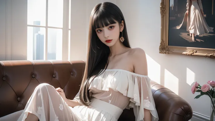 ( girl lying on office sofa ))、、High technical level:1.1 Photo Real 、 natural light:1。5、 light effect(バーチャル light effect:1.8)、((Straight Bang、 princess bang ))、hime cut、 Straight Bangs 、 round ugly bangs 、 ugly long bangs 、 Straight Bangs 、(Famous Painting...