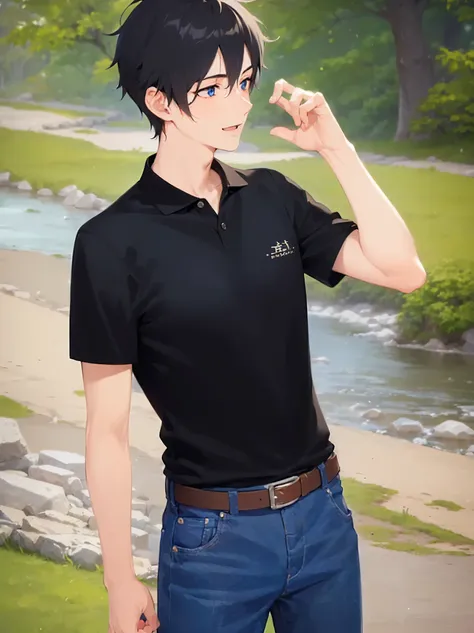 (looking away:1.5), standing, hand up, masterpiece, best quality, Japanese manga style, upper body, (25 year old male: 1.5) and (short black hair) and (blue eyes), (balck polo shirt) and (jeans), smile, open mouth, in the riverbed, alone,