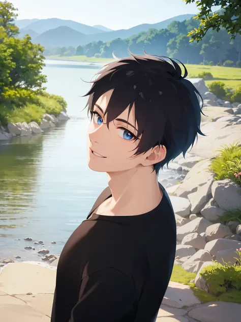 side angle, standing, masterpiece, best quality, Japanese manga style, upper body, (25 year old male: 1.5) and (short black hair) and (blue eyes), (balck polo shirt) and (jeans), smile, open mouth, in the riverbed, alone,