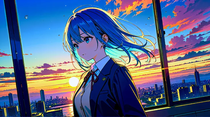 Anime illustration in a detailed cinematic style, inspired by modern Japanese animation. The main character is a beautiful girl with long blue hair and deep blue eyes, standing against the picturesque sunset.  her hair flutters in the wind , and the light ...