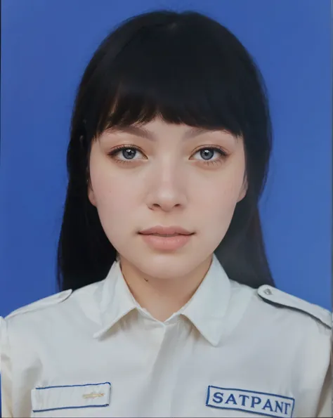 a close up of a woman in cream uniform with a blue background, protrait, potrait,