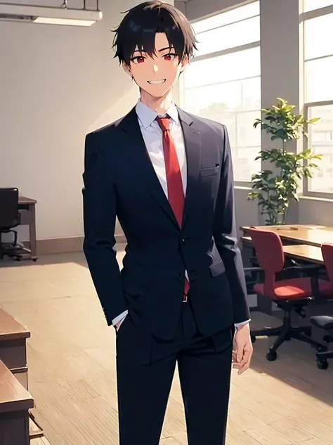 standing, masterpiece, best quality, Japanese manga style, upper body, (25 year old male: 1.5) and (short black hair) and (red eyes), (suit:1.5) and (blue tie), (grin:1.2), The background is the office room, alone, 