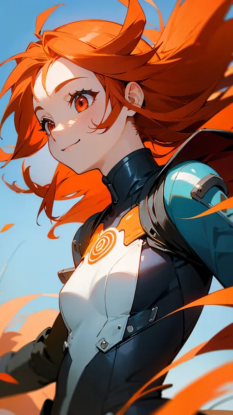 1 girl、 Riders Jacket 、orange hair、Round red eyes、smile、 from side、 gloves、Blooming Grassland、Blowing in the Wind、 blue sky、upper body close-up focusing on chest、 sharp outline