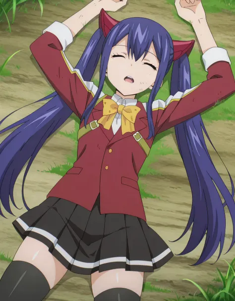 Wendy Marvell (character), anime screencap, anime coloring, masterpiece, detailed face, 
Wendy's initial appearance (outfit), solo, twintails, thighhighs, brown eyes, skirt, long hair, bow, black thighhighs, blue hair,  pleated skirt, hair ornament, shiny ...