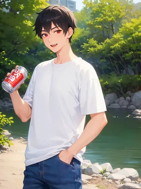 (holding a cannedbeer:1.2), standing, masterpiece, best quality, Japanese manga style, upper body, (25 year old male: 1.5) and (short black hair) and (red eyes), (white plain T shirt) and (jeans), smile, open mouth, in the riverbed, alone,