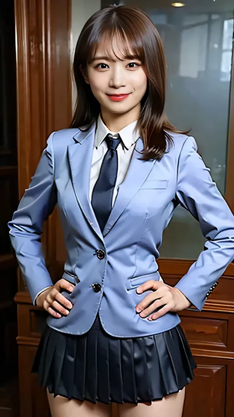 (8k、RAW photo、TOP QUALITY、 masterpiece:1.2)、(realistic、realistic)、1 girl、((miniskirt、business suit、front view、smile、 standing with hands on hips))、