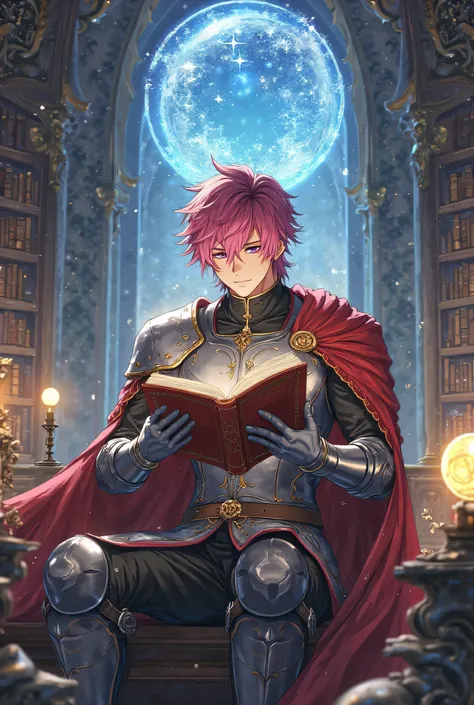 The anime knight is reading a book of the rotation cycle of the stars
Handsome hero with colored hair