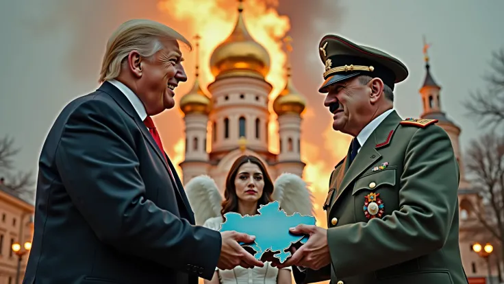 A scene set in front of typical cathedral of Ukraine golden roof on fire. Donald Trump, dressed in a dark suit, smiling and handing over a metallic blue object shaped like the map of Ukraine to Adolf Hitler, wearing his iconic military uniform and cap. Beh...