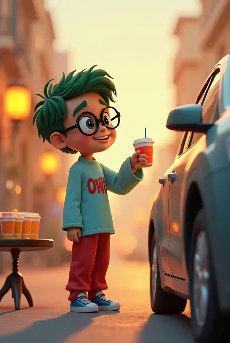 Close-up, A cute and adorable  boy named Owo, with green slightly messy hair, big black round glasses, wearing a light blue long-sleeve Muslim shirt with 'owo' written in red font and red pants, blue sneakers . He stands barefoot on the street, smiling war...