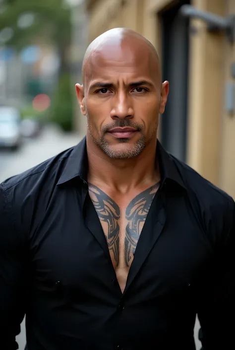 ((Mature man, bald man: 1.5, dark skin)), (((black dress shirt, brown eyes, confident look, tribal tattoo on chest))), ((best image quality, best sharpness, best contrast, best shading, best color choice, blurred scenery)).