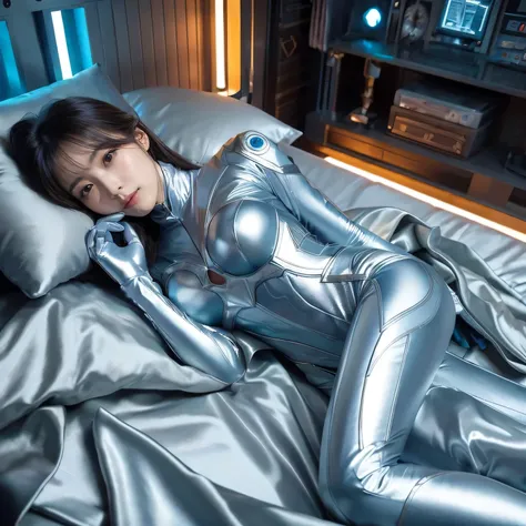 A full-body photo of a Korean actress with horny eyes lying on a bed with silver satin fabric inside a futuristic spaceship。 Taken with Ultra High Resolution Camera 。everything from neck to bottom toes is wearing a super squadron suit made of only thin sat...