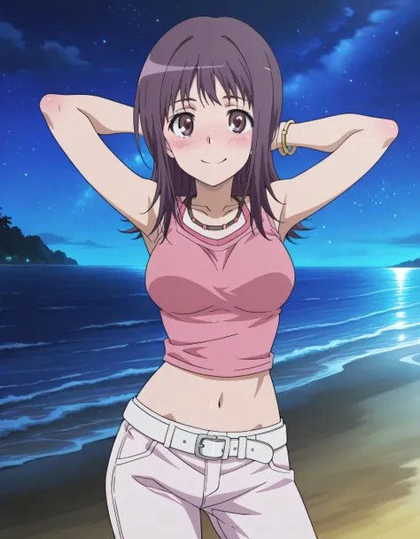 Itsuwa pink shirt white pants (outfit), anime coloring, anime screencap, 
 solo, navel, midriff, jewelry, brown eyes, purple hair, shorts, belt, bracelet, shirt, sleeveless, sleeveless shirt, breasts, blush, medium hair, pink shirt, long hair, necklace, me...