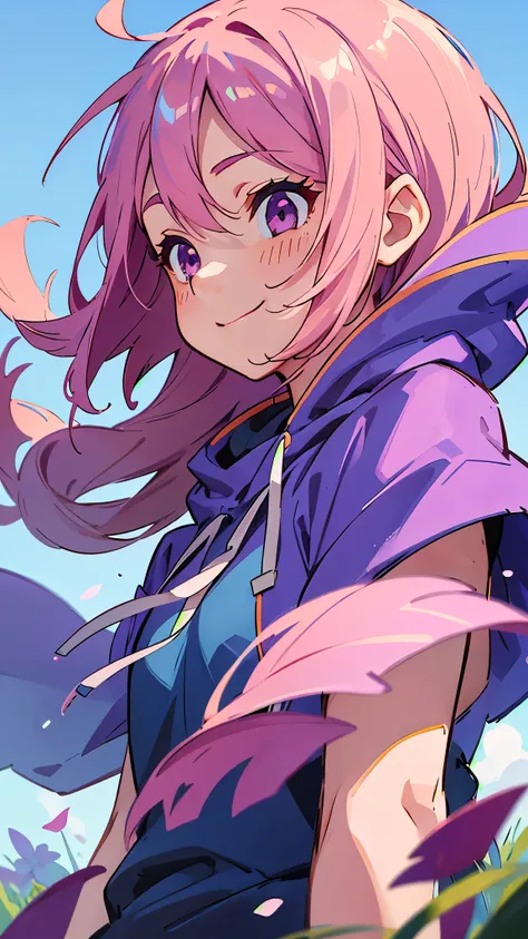 1 girl、 hooded hoodie 、pink hair、bob hair、Glowing purple eyes、smile、 from side、Blooming Grassland、Blowing in the Wind、 blue sky、upper body close-up focusing on chest、 sharp outline