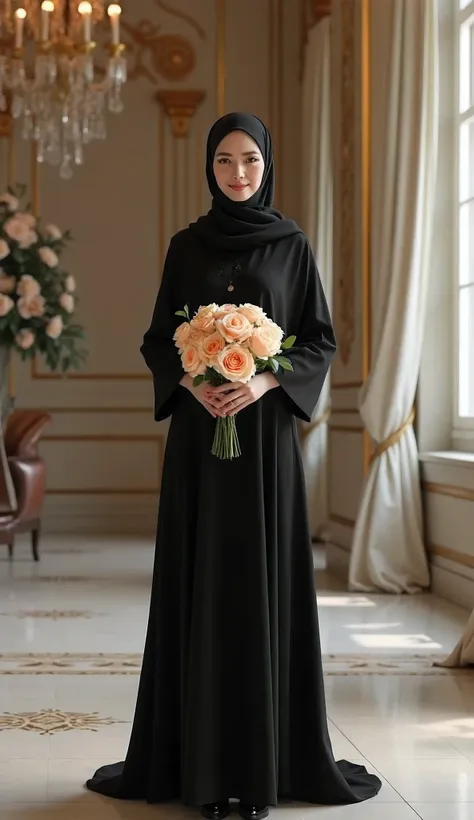 A young, Russian, beautiful, Muslim woman, wearing a hijab, wearing Muslim clothing, a long abaya style down to her feet, beautiful and elegant in black color, high heels, the woman was in the building, at a wedding event, she stood gracefully smiling forw...