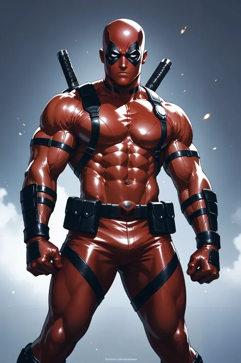 Cartoon style of the Marvel character Deadpool with the classic Deadpool full uniform, but tighter to the body showing his perfect muscles, bare arms highlighting the white skin and muscular arms, short hair on the arms, imposing masculine pose
