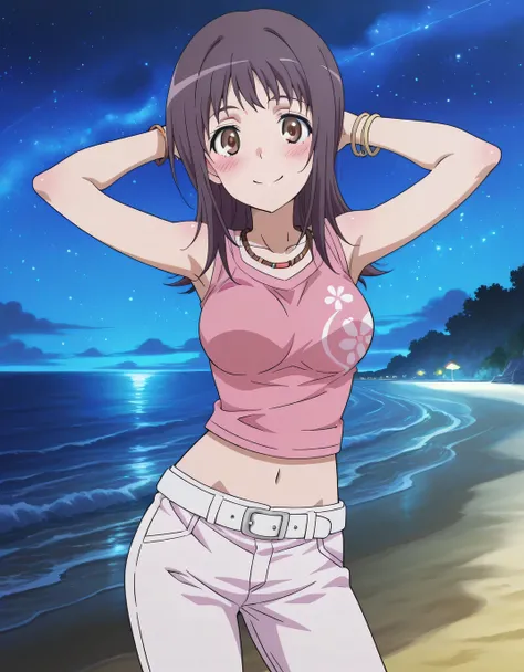 Itsuwa pink shirt white pants (outfit), anime screencap, 
 solo, navel, midriff, jewelry, brown eyes, purple hair, shorts, belt, bracelet, shirt, sleeveless, sleeveless shirt, breasts, blush, medium hair, pink shirt, long hair, necklace, medium breasts, cr...
