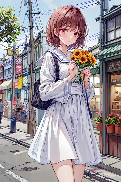 (( masterpiece)), ((Top Quality)), ((Top Quality)), (( very well detailed)), ((8k CG wallpaper)), ((Extremely Delicate and Beautiful)), ((shape)), (high resolution), A 17-year-old woman 、brown short bob hair、red eyes、beautiful eyes、Town Girl's Clothes、wo...