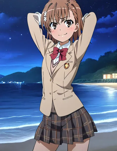 misaka mikoto, short hair, brown hair, brown eyes, bow, red bow, jacket, bowtie, blazer, brown jacket, red bowtie,
brown sweater vest, short sleeves, v-neck
plaid skirt, pleated skirt, blazer, plaid, anime screencap, high quality, solo, cowboy shot, (contr...