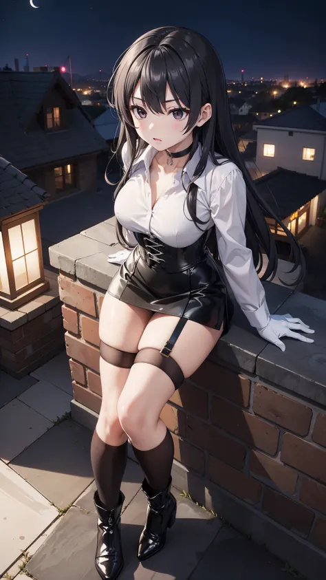 Masterpiece, anime style, A young girl,  of foot, (view from above), ((( arms crossed ))), pretty face,  surprised look, ((redness on the cheeks)), long black hair, detailed eyes,  black eyes,  choker : 1.6, (( long sleeve white shirt )), ( black gloves ),...