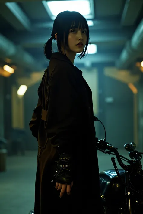 ((Ride a speeder bike:2.0)),(((The dark interior of the Nostromo ship :2.0))),((( HR Gigger Style Cyberpunk Atmosphere :2.0))),(((Akira Bike風エアースピーダーに跨る:2.0))),Side view from the back ,Side pose,(( Look Back and Look at the Camera:2.0)),(( looking back ove...
