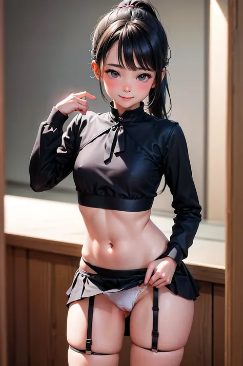 (  beautiful : 1.3), 1 ,( black sailor suit on the background, long sleeve, mini-skirt,  garter belt ,  Pure white underwear ,  pubic hair ), black hair, ponytail, smile, It's embarrassing ,Blush,  Place your hands on your hips, classroom, masterpiece, top...