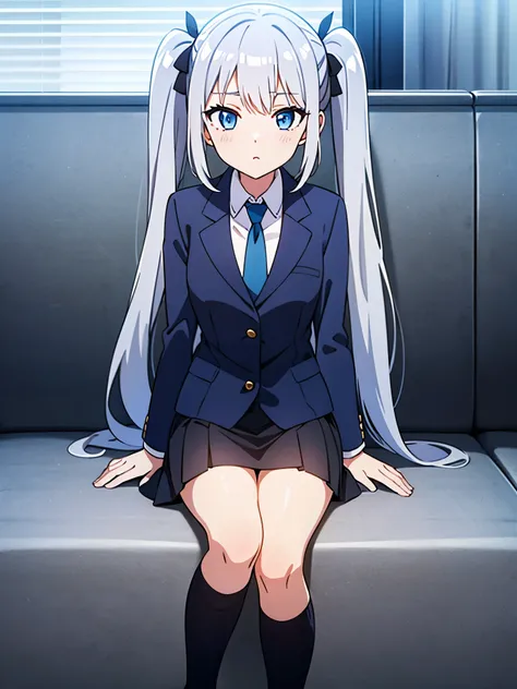 1girl, solo, twintail_long_hair, blue_eyes, silver_hair, dark blue school suit, black skirt, socks