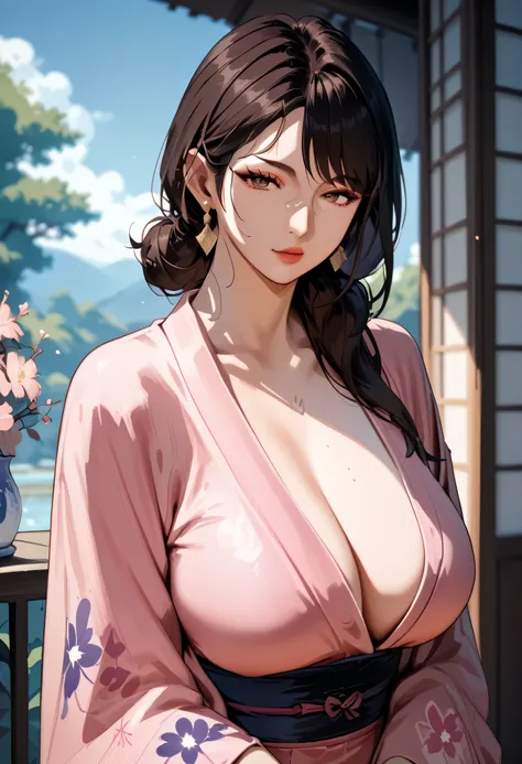   A mature woman  , Mature Woman, Mother, Pink Kimono,  dark hair,   dark eyes  