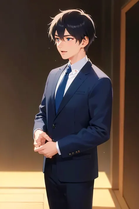 side angle, (looking away:1.5), smile, (open mouth:1.1), standing, masterpiece, best quality, Japanese manga style, cowboy shot, (25 year old male: 1.5) and (short black hair) and (blue eyes), (suit:1.5) and (blue tie), The background is the office room, a...