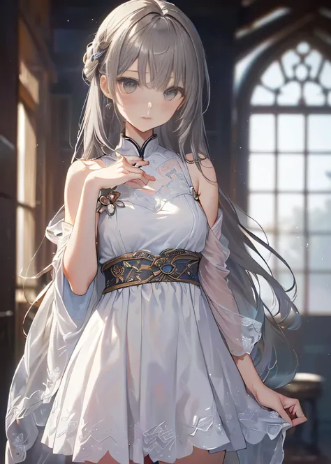 (( Top Quality 、  anorexia、Geki and se、 Complete Anatomy、 five fingers、Full Arm、 exhaustive)),woman,(((Japanese woman、 alone, gray hair with a slight brownish tinge、 hair that reaches the shoulders  、  Fantasy Outfits 、 royal dress  、Light clothing、 white ...