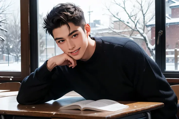 Japanese male　 handsome　 short dark hair  　　short cropped 　Shaved head　smile　　　 black pants 　　In a bright classroom 　 Snow Outside the Window　　　　wearing a sweater　 　　Boys Love　　 Make Your Face Bigger 　 upper body composition